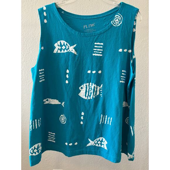 M. MAC Tank Top Plus Size 2X Blue Fish Print Coastal - Picture 1 of 3